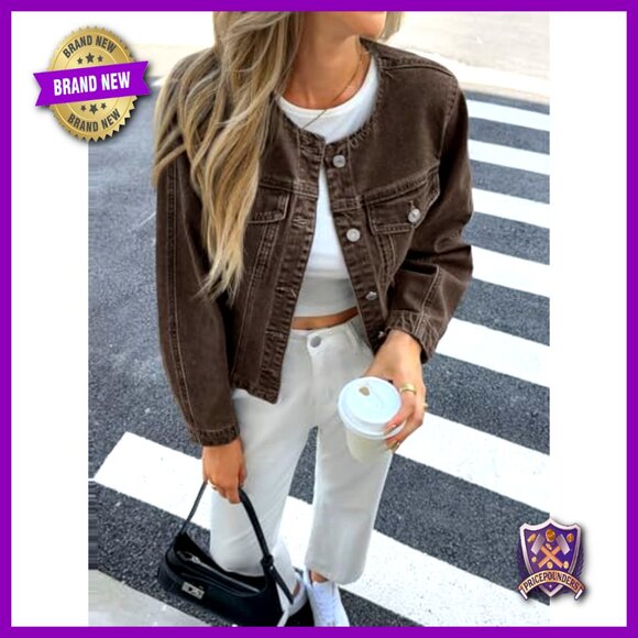 Cropped Denim Jacket Slim Fit Y2K Retro Casual Button Down Crewneck Shacket - Picture 2 of 7